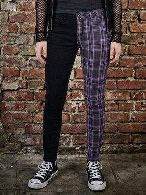 Royal Bones Daang Low Rise Split Black Plaid Skinny Jeans Stretch Punk Size 11